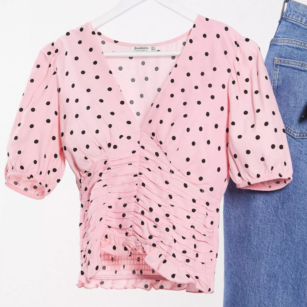 ASOS: Stradivarius v neck blouse in pink with dots